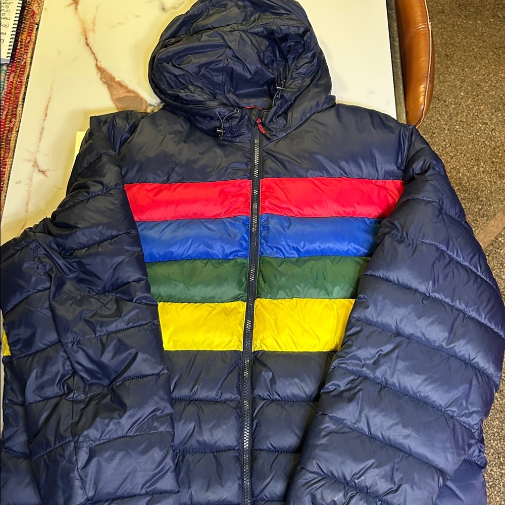 Gap navy blue puffer with rainbow stripes